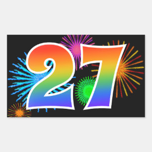 Sticker Rectangulaire Feux d'artifice amusants + Motif arc-en-ciel "27" 