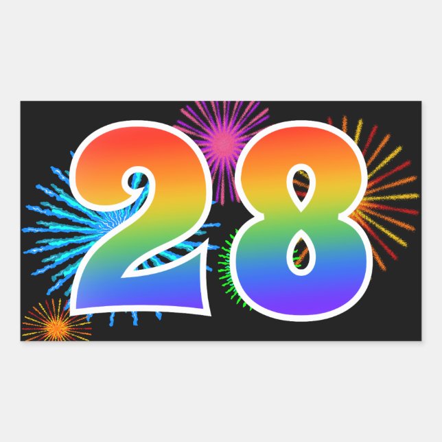 Sticker Rectangulaire Feux d'artifice amusants + motif arc-en-ciel "28"  (Devant)