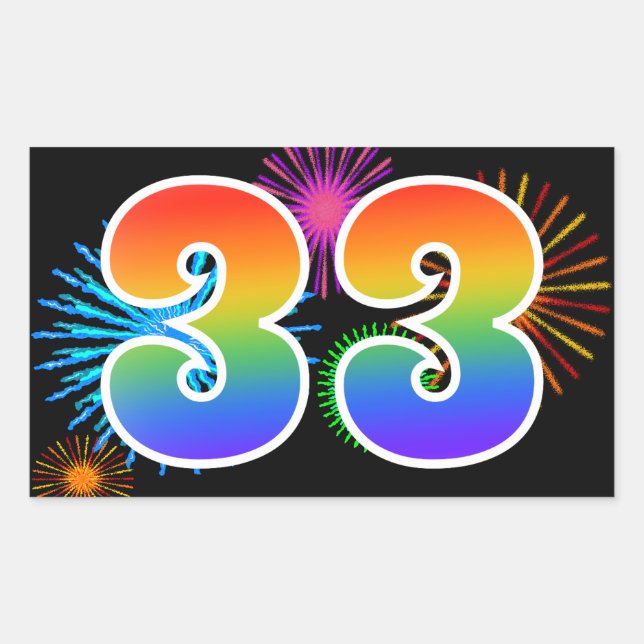 Sticker Rectangulaire Feux d'artifice amusants + Motif arc-en-ciel "33"  (Devant)