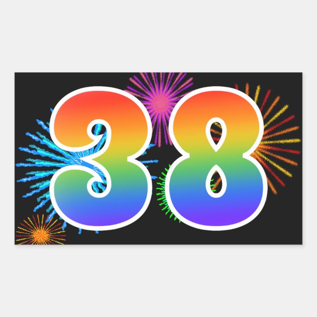 Sticker Rectangulaire Feux d'artifice amusants + motif arc-en-ciel "38"  (Devant)