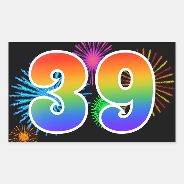Sticker Rectangulaire Feux d'artifice amusants + motif arc-en-ciel "39"  (Devant)