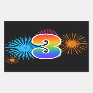 Sticker Rectangulaire Feux d'artifice amusants + Motif arc-en-ciel "3" N