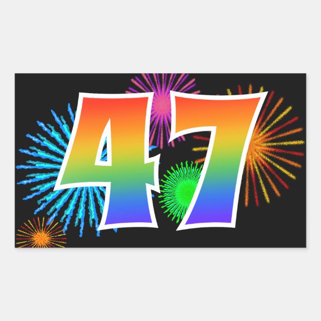 Sticker Rectangulaire Feux d'artifice amusants + motif arc-en-ciel "47"  (Devant)