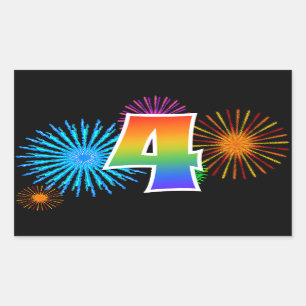 Sticker Rectangulaire Feux d'artifice amusants + Motif arc-en-ciel "4" N