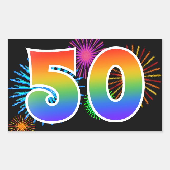 Sticker Rectangulaire Feux d'artifice amusants + motif arc-en-ciel « 50  (Devant)