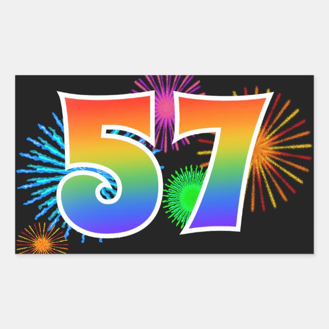 Sticker Rectangulaire Feux d'artifice amusants + motif arc-en-ciel "57"  (Devant)