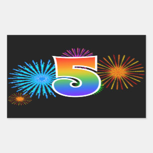 Sticker Rectangulaire Feux d'artifice amusants + Motif arc-en-ciel "5" N