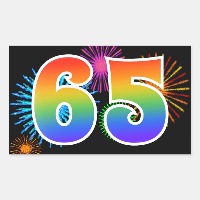 Sticker Rectangulaire Feux d'artifice amusants + motif arc-en-ciel "65"  (Devant)