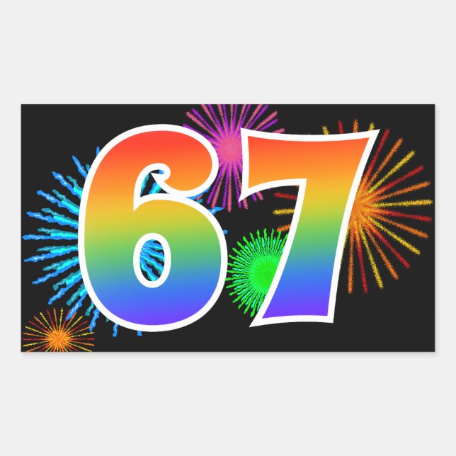 Sticker Rectangulaire Feux d'artifice amusants + motif arc-en-ciel "67"  (Devant)