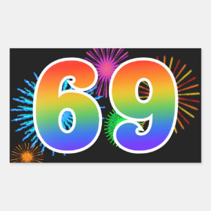 Sticker Rectangulaire Feux d'artifice amusants + Motif arc-en-ciel "69" 