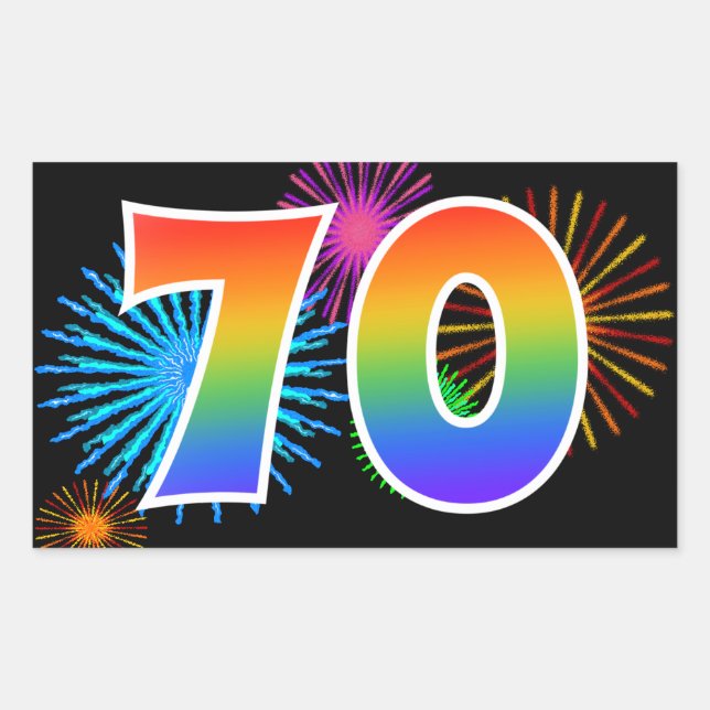 Sticker Rectangulaire Feux d'artifice amusants + Motif arc-en-ciel "70"  (Devant)
