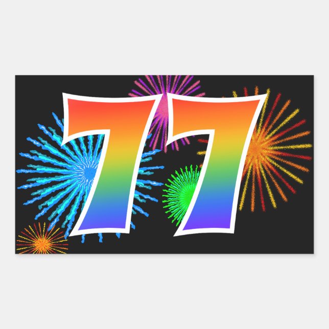Sticker Rectangulaire Feux d'artifice amusants + motif arc-en-ciel "77"  (Devant)