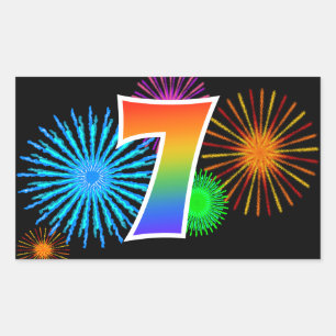 Sticker Rectangulaire Feux d'artifice amusants + Motif arc-en-ciel "7" N