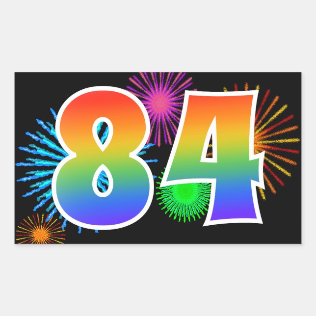 Sticker Rectangulaire Feux d'artifice amusants + motif arc-en-ciel "84"  (Devant)