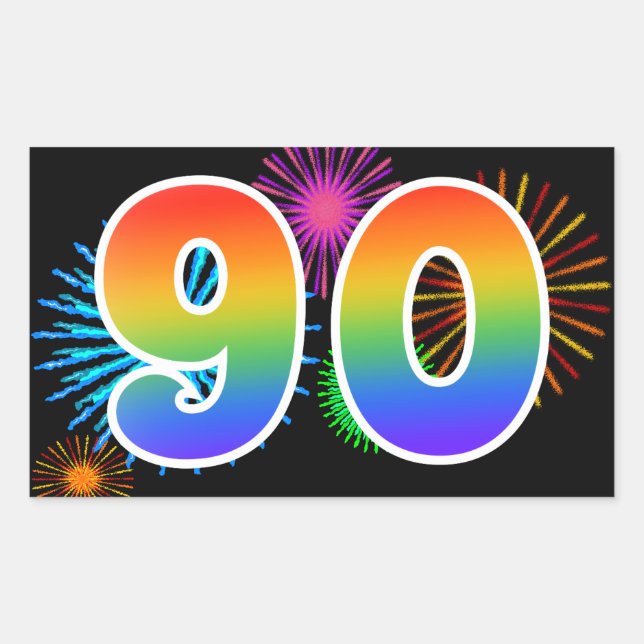 Sticker Rectangulaire Feux d'artifice amusants + motif arc-en-ciel "90"  (Devant)