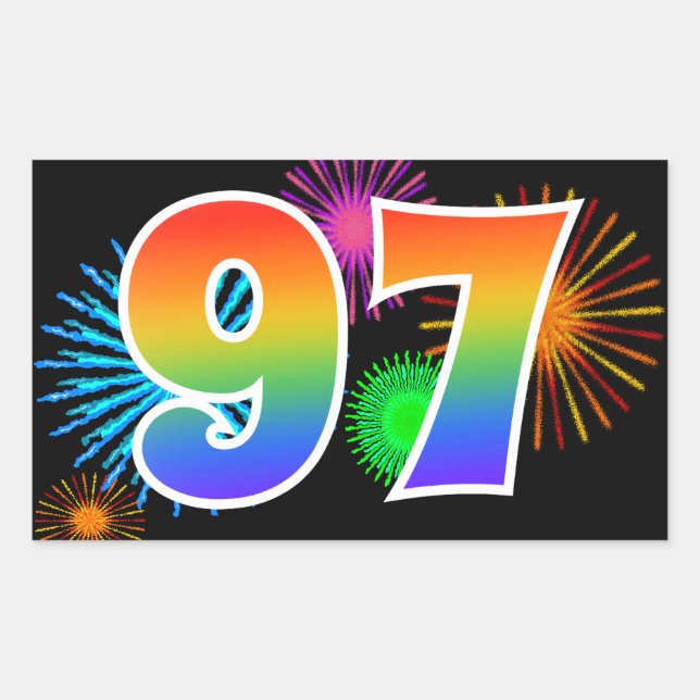 Sticker Rectangulaire Feux d'artifice amusants + motif arc-en-ciel "97"  (Devant)