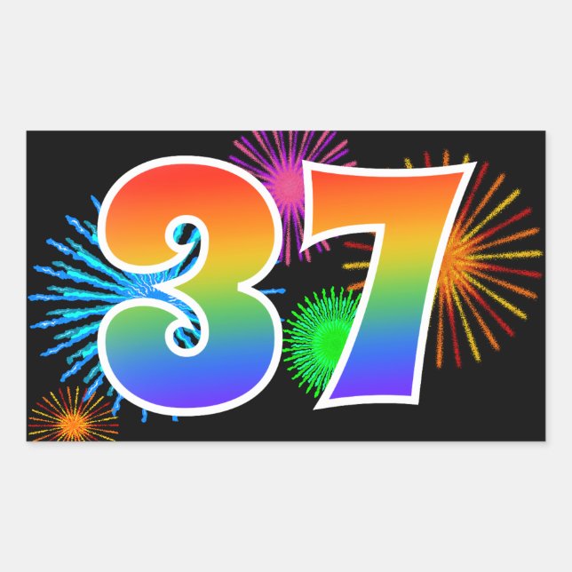 Sticker Rectangulaire Feux d'artifice amusants + motif arc-en-ciel Numér (Devant)