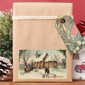 Sticker Rectangulaire Fidèles de l'église de Noël vintage à la messe de