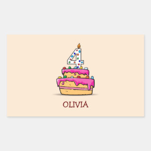 Sticker Rectangulaire Fille 4e anniversaire, 4 sur Gâteau rose doux