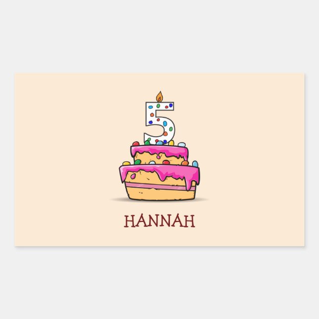 Sticker Rectangulaire Fille 5e anniversaire, 5 sur Gâteau rose doux (Devant)