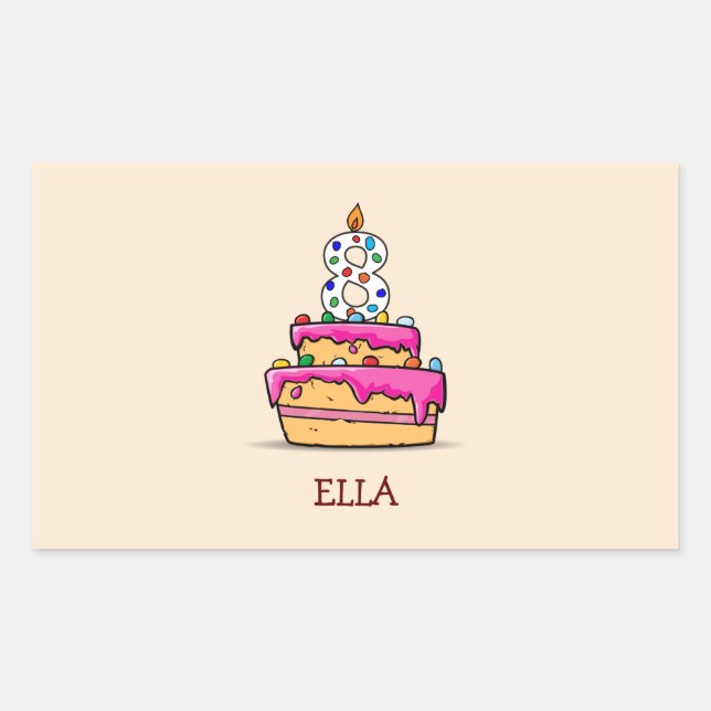 Sticker Rectangulaire Fille 8e anniversaire, 8 sur Gâteau rose doux (Devant)