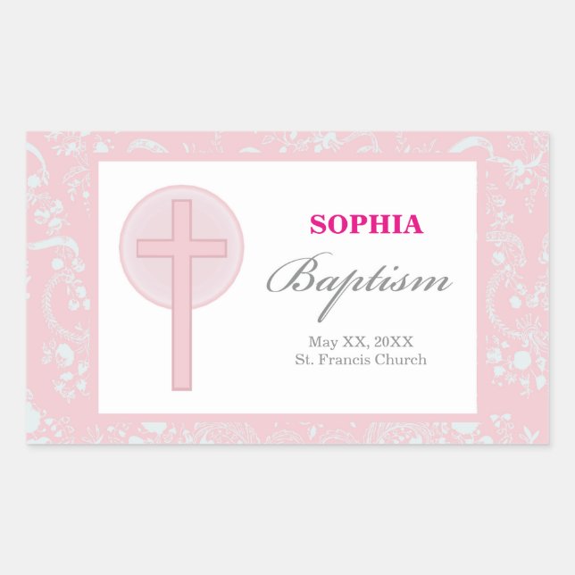 Sticker Rectangulaire Fille en dentelle rose Baptême (Devant)