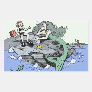 Sticker Rectangulaire Fille sirène Été Plage Amitié Fantaisiste