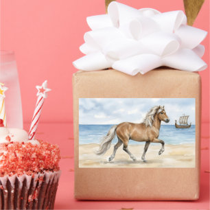 Sticker Rectangulaire Fjara Cheval islandais aquarelle sur la plage