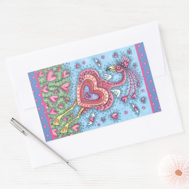 Sticker Rectangulaire Flamant rose ROSE CUPIDE ET COEURS DE VOL VALENTIN (Enveloppe)