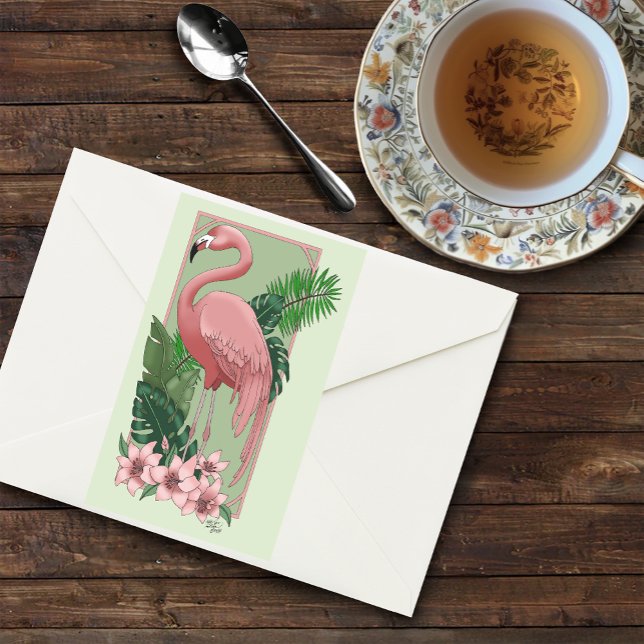 Sticker Rectangulaire Flamant Rose Tropical Feuilles de Palmier Vert Lys (Créateur téléchargé)