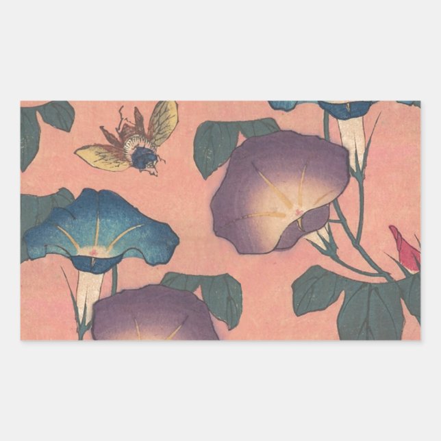 Sticker Rectangulaire Fleur d'abeille rose classique Hokusai Art (Devant)