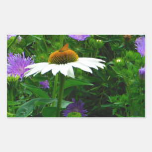 Sticker Rectangulaire Fleur de cône blanc, fleurs pourpres et papillon