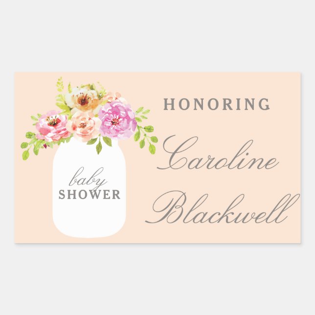 Sticker Rectangulaire Fleurs aquarelles et Baby shower Mason Jar (Devant)