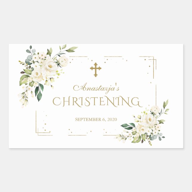 Sticker Rectangulaire Fleurs blanches élégantes Confetti Or Christening (Devant)