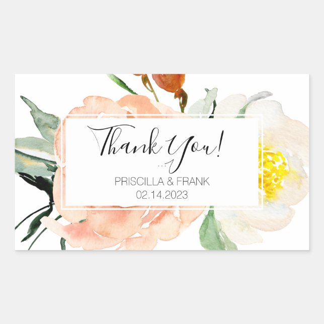 Sticker Rectangulaire Fleurs d'aquarelle de corail Merci Mariage (Devant)