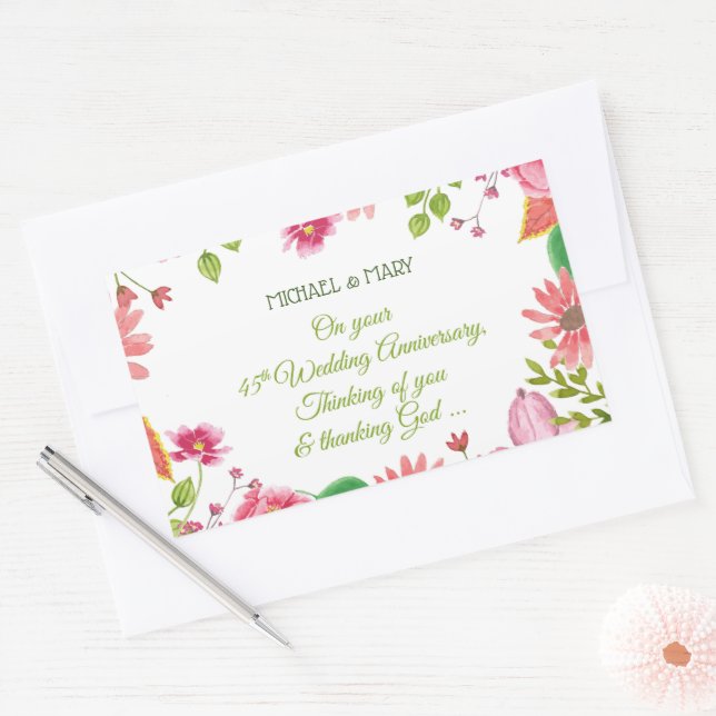 Sticker Rectangulaire Fleurs de 45e anniversaire de mariage religieux (Enveloppe)