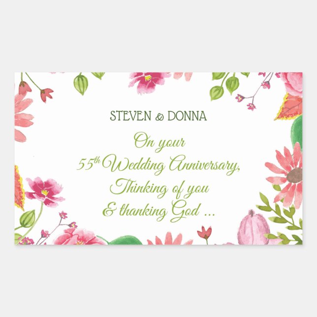 Sticker Rectangulaire Fleurs de 55e anniversaire de mariage religieux (Devant)