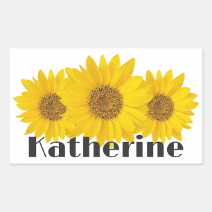Sticker Rectangulaire Fleurs de soleil jaunes Nom personnalisé Blanc