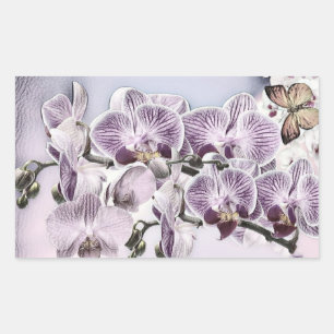 Sticker Rectangulaire Fleurs d'orchidées roses et dessin de papillon