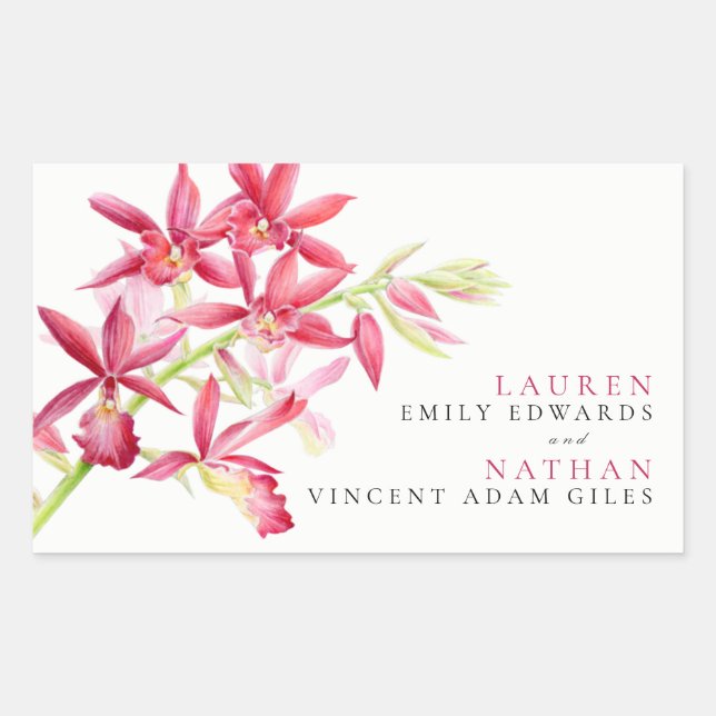 Sticker Rectangulaire Fleurs d'orchidées rouges aquarelle mariage botani (Devant)