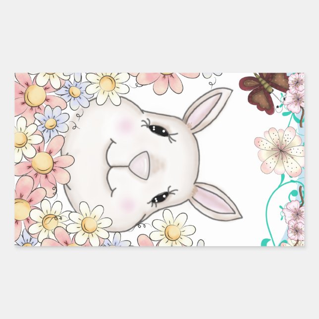 Sticker Rectangulaire Fleurs et papillons lapins mignons (Devant)