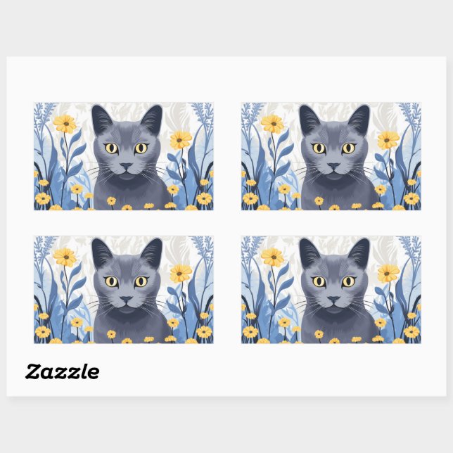 Sticker Rectangulaire Fleurs Jaunes Chat Bleu Russe (Feuille)