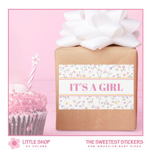 Sticker Rectangulaire Fleurs roses C'est une fille Baby Shower