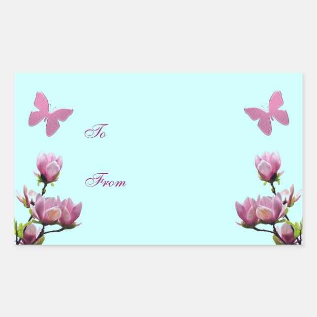 Sticker Rectangulaire Fleurs roses et papillons (Devant)