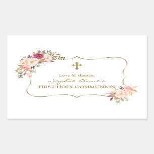 Sticker Rectangulaire Fleurs roses Gold Girl Photo Holy Communion