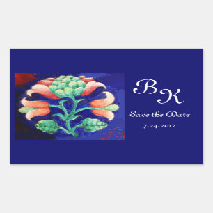 STICKER RECTANGULAIRE FLEURS STYLISÉES, MONOGRAMME FLORAL BLEU VERT ROSE
