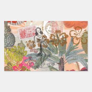 Sticker Rectangulaire Fleurs Vintage Hula Coloré Hawaïen Tropical