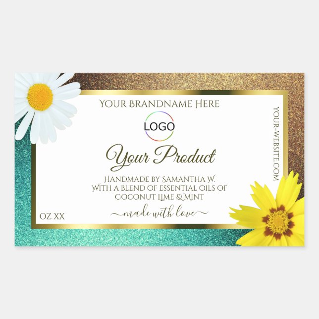 Sticker Rectangulaire Floral Gold Turquoise Parties scintillant Blanc Pr (Devant)