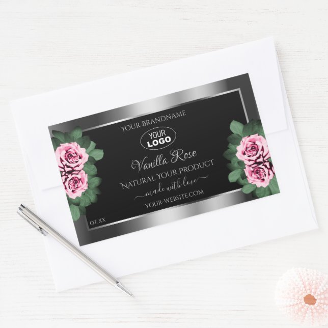 Sticker Rectangulaire Floral Rose Roses Argent Noir Produit Logo Étiquet (Enveloppe)