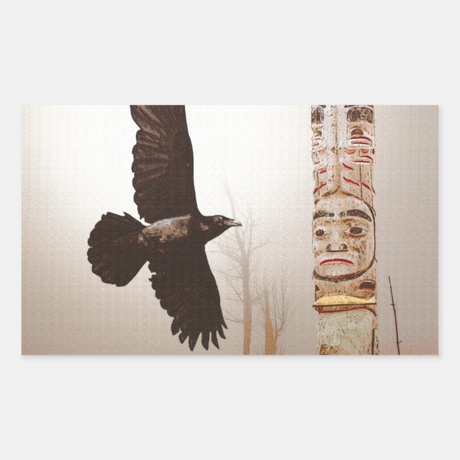 Sticker Rectangulaire Flying Raven & Totem-Pole Imaginaire Art (Devant)